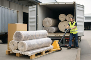 بسته‌بندی، بارگیری و حمل‌ونقل فرش صادراتی ,Packaging, Loading, and Shipping of Export Carpets ,تغليف وتحميل ونقل السجاد المُصدَّر